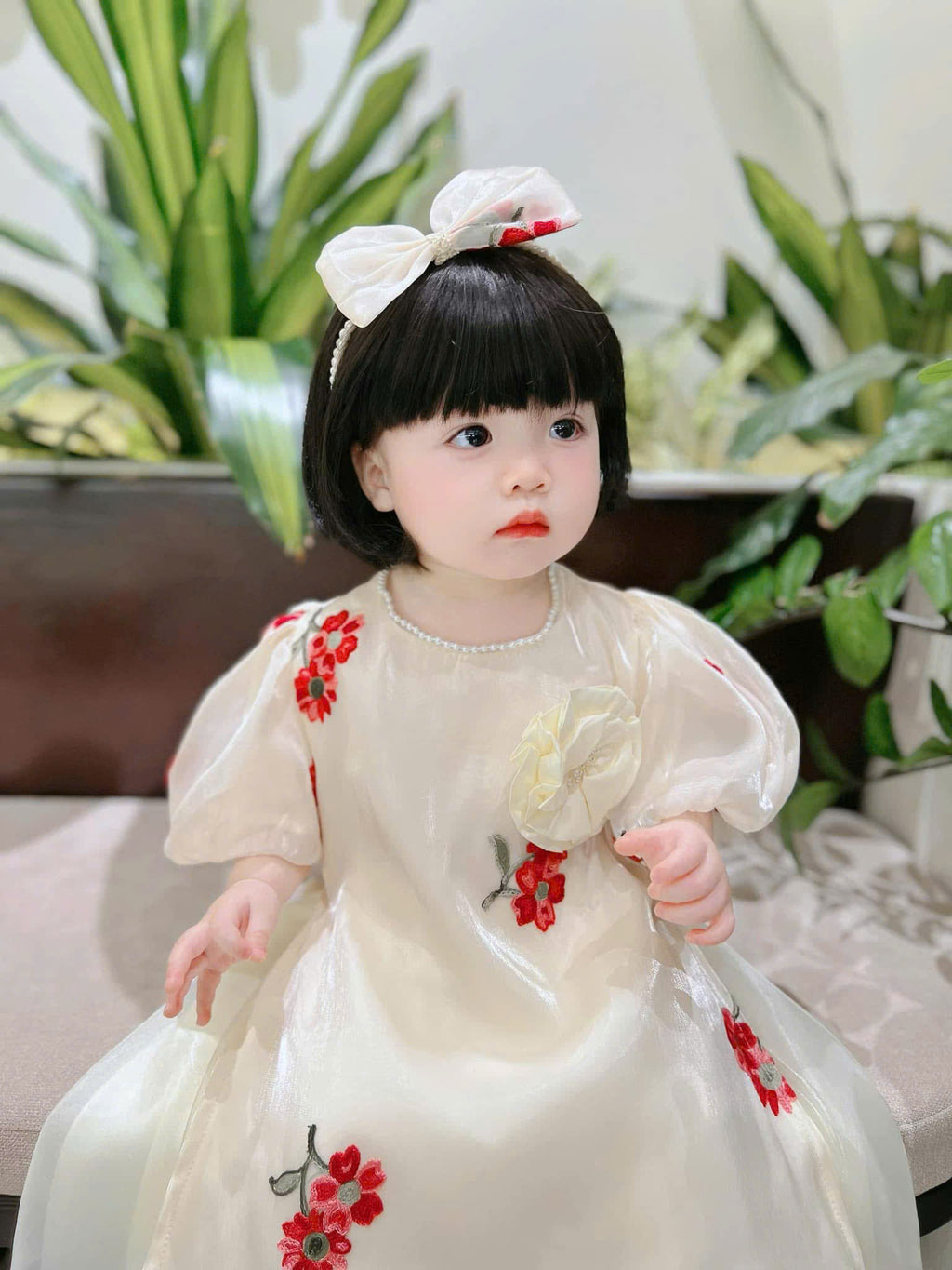 Embroidered Organza Áo Dài Dress – Floral Whimsy (6Months-2Years) | Traditional Vietnamese Outfit for Baby Girls | Matching Headband Included