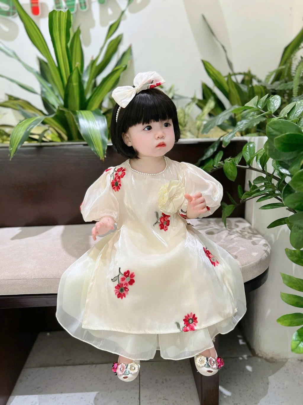 Embroidered Organza Áo Dài Dress – Floral Whimsy (6Months-2Years) | Traditional Vietnamese Outfit for Baby Girls | Matching Headband Included