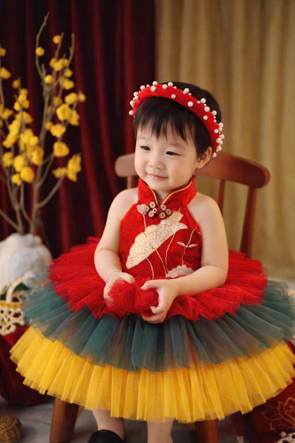 Vietnamese Yếm Halter Dress – Golden Lotus (1-6Years) | Traditional Vietnamese Festival Dress for Girls | Matching Pearl Soft Mấn Included