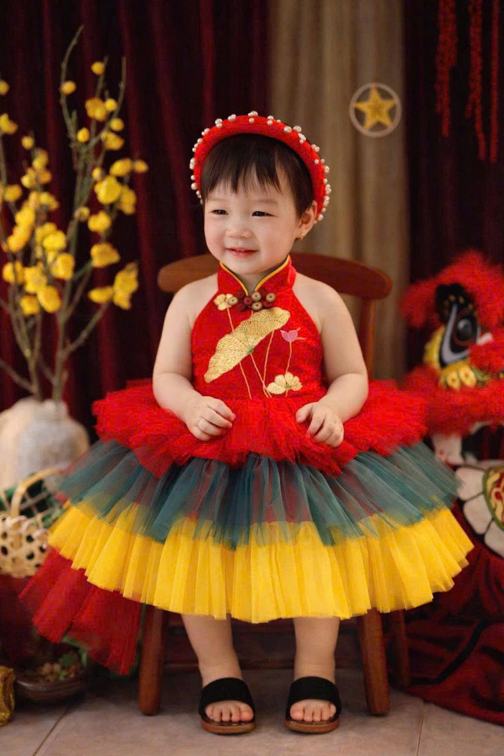 Vietnamese Yếm Halter Dress – Golden Lotus (1-6Years) | Traditional Vietnamese Festival Dress for Girls | Matching Pearl Soft Mấn Included