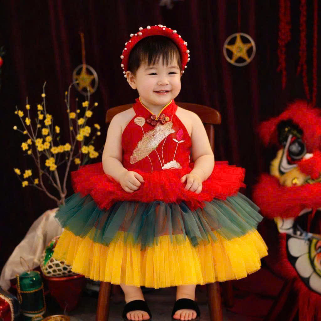 Vietnamese Yếm Halter Dress – Golden Lotus (1-6Years) | Traditional Vietnamese Festival Dress for Girls | Matching Pearl Soft Mấn Included