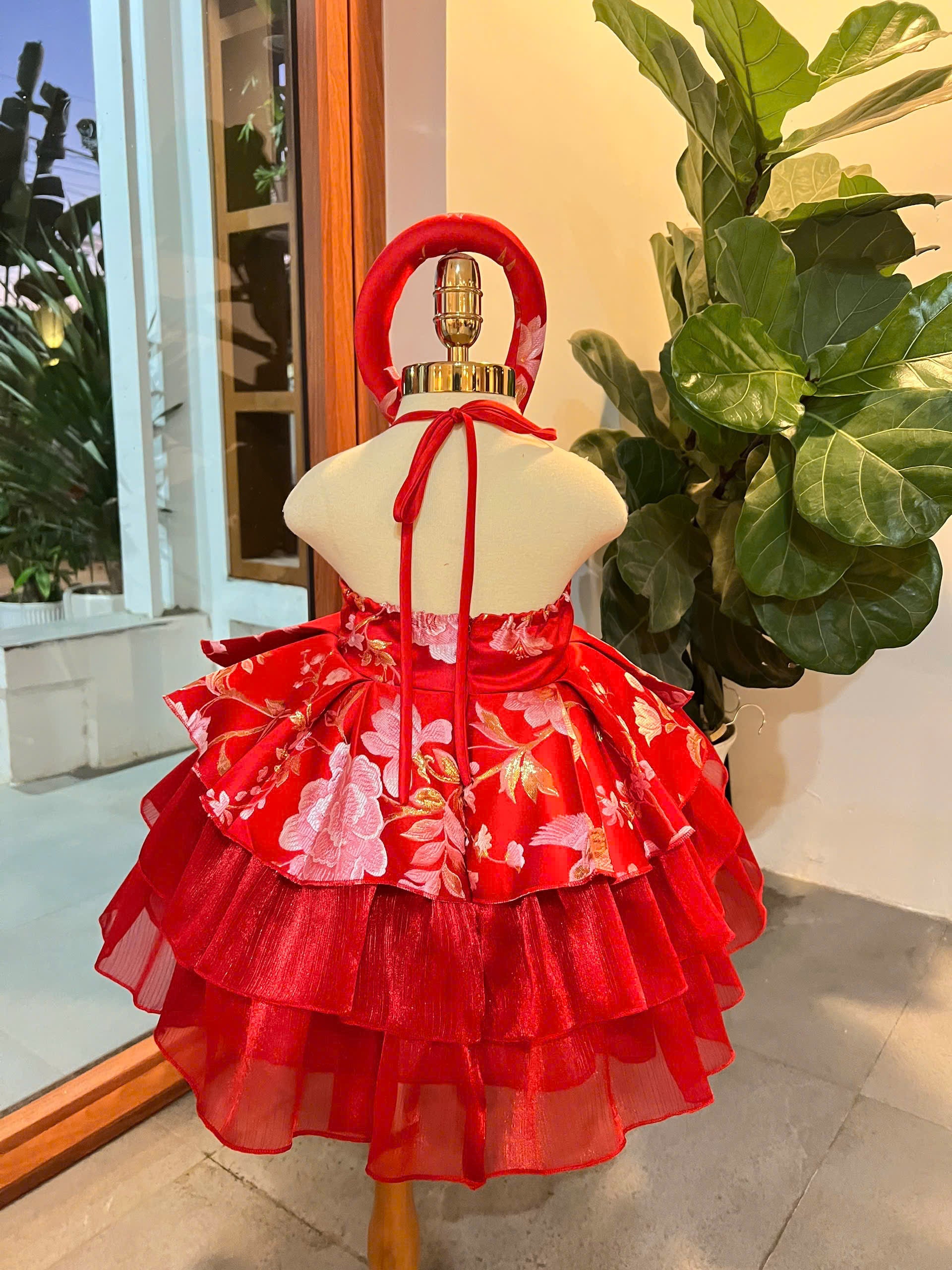 Vietnamese Yếm Halter Dress – Golden Thread Brocade (1–6 Years) | Traditional Festival Dress for Girls | Matching Soft Mấn Included