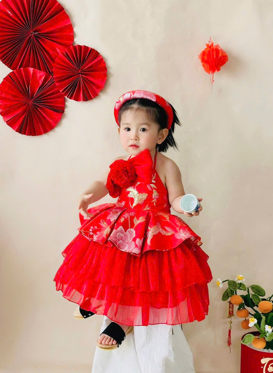 Vietnamese Yếm Halter Dress – Golden Thread Brocade (1–6 Years) | Traditional Festival Dress for Girls | Matching Soft Mấn Included