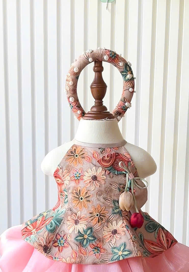 Vietnamese Yếm Halter Top & Skirt Set – Golden Blossom & Pastel Petal Blossom (1–6 Years) | Traditional Festival Outfit for Girls | Matching Floral Pearl Detail Soft Mấn Included