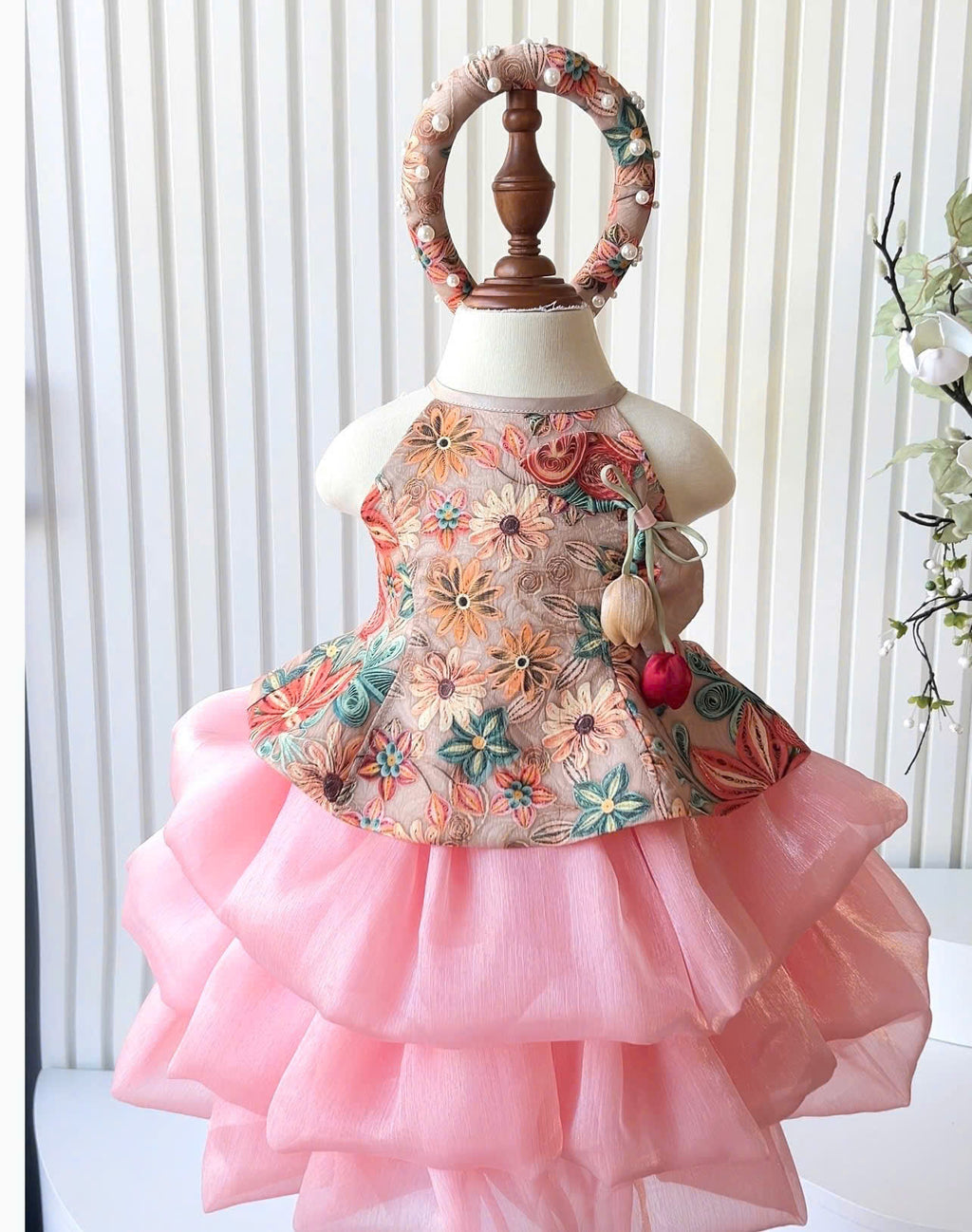 Vietnamese Yếm Halter Top & Skirt Set – Golden Blossom & Pastel Petal Blossom (1–6 Years) | Traditional Festival Outfit for Girls | Matching Floral Pearl Detail Soft Mấn Included