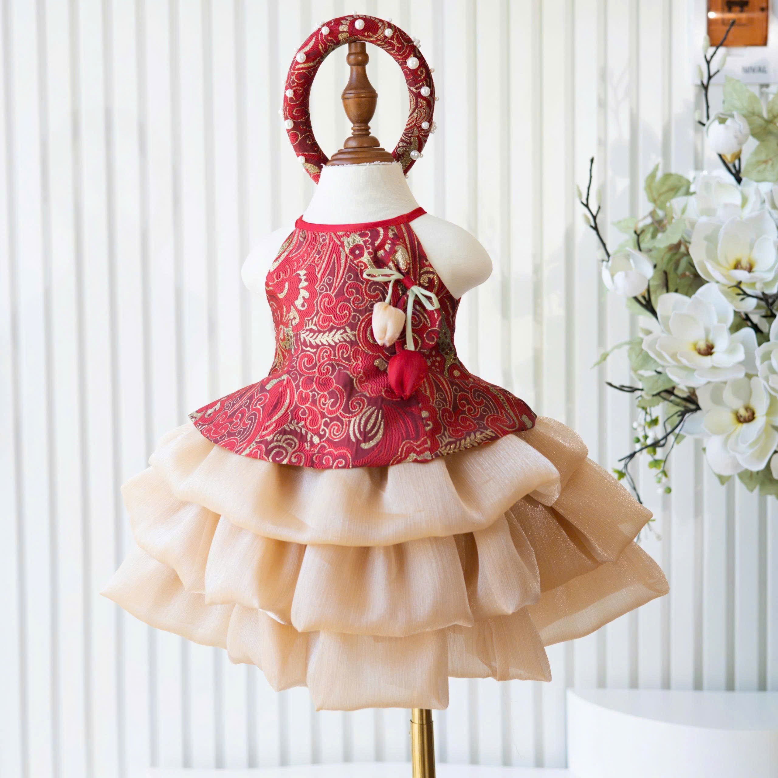 Vietnamese Yếm Halter Top & Skirt Set – Golden Blossom & Pastel Petal Blossom (1–6 Years) | Traditional Festival Outfit for Girls | Matching Floral Pearl Detail Soft Mấn Included