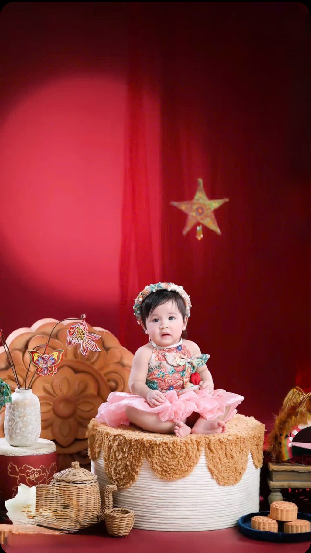 Vietnamese Yếm Halter Top & Skirt Set – Golden Blossom & Pastel Petal Blossom (1–6 Years) | Traditional Festival Outfit for Girls | Matching Floral Pearl Detail Soft Mấn Included