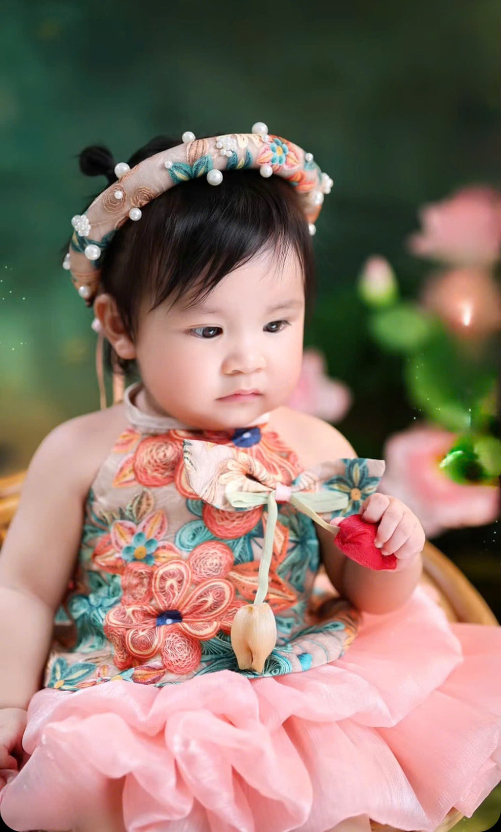 Vietnamese Yếm Halter Top & Skirt Set – Golden Blossom & Pastel Petal Blossom (1–6 Years) | Traditional Festival Outfit for Girls | Matching Floral Pearl Detail Soft Mấn Included