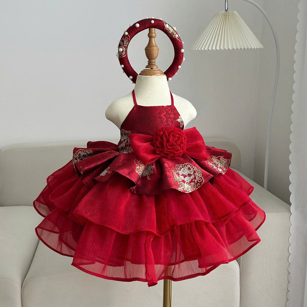 Vietnamese Yếm Halter Dress – Scarlet Radiance (1–6 Years) | Traditional Festival Dress for Girls | Matching Pearl Soft Mấn Included