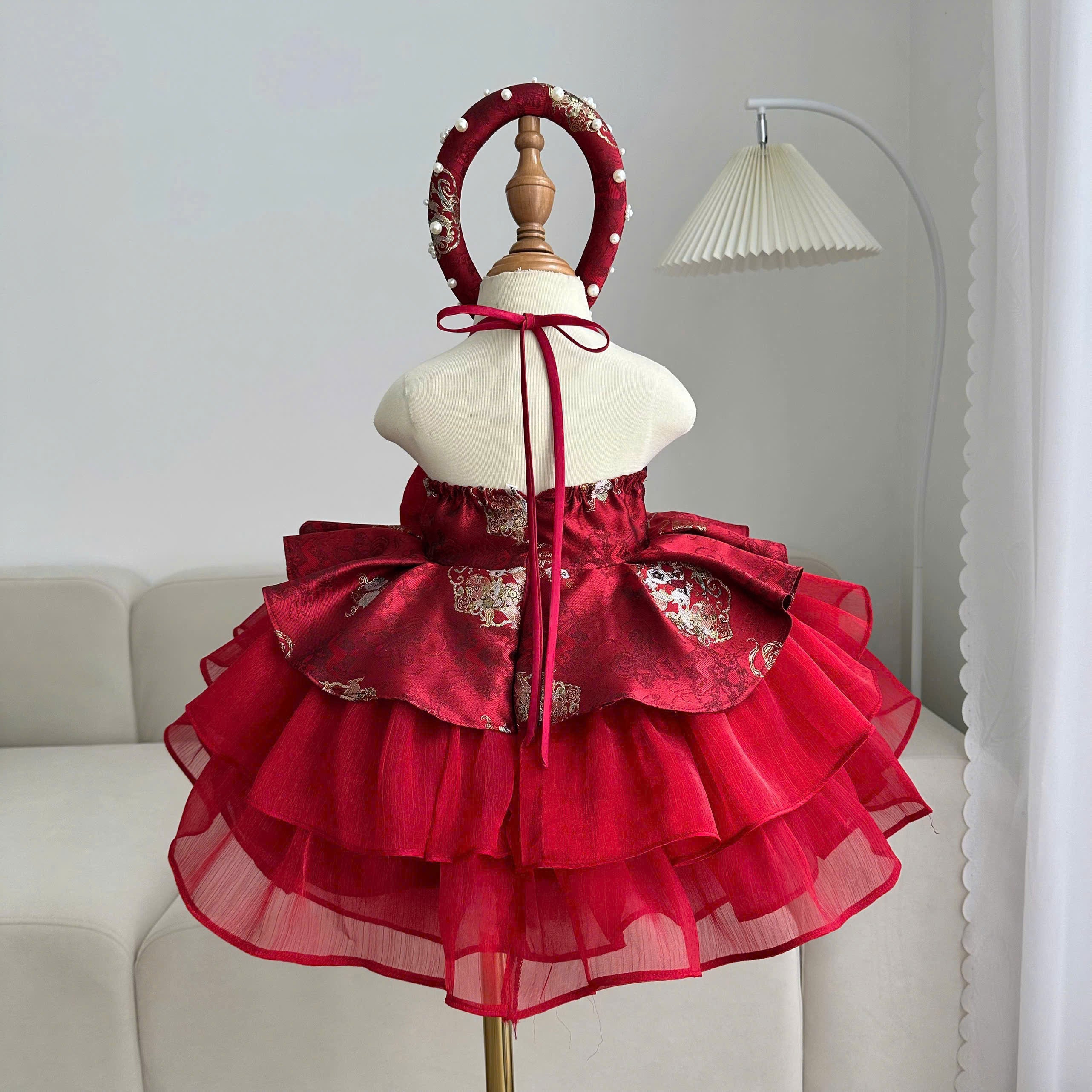 Vietnamese Yếm Halter Dress – Scarlet Radiance (1–6 Years) | Traditional Festival Dress for Girls | Matching Pearl Soft Mấn Included