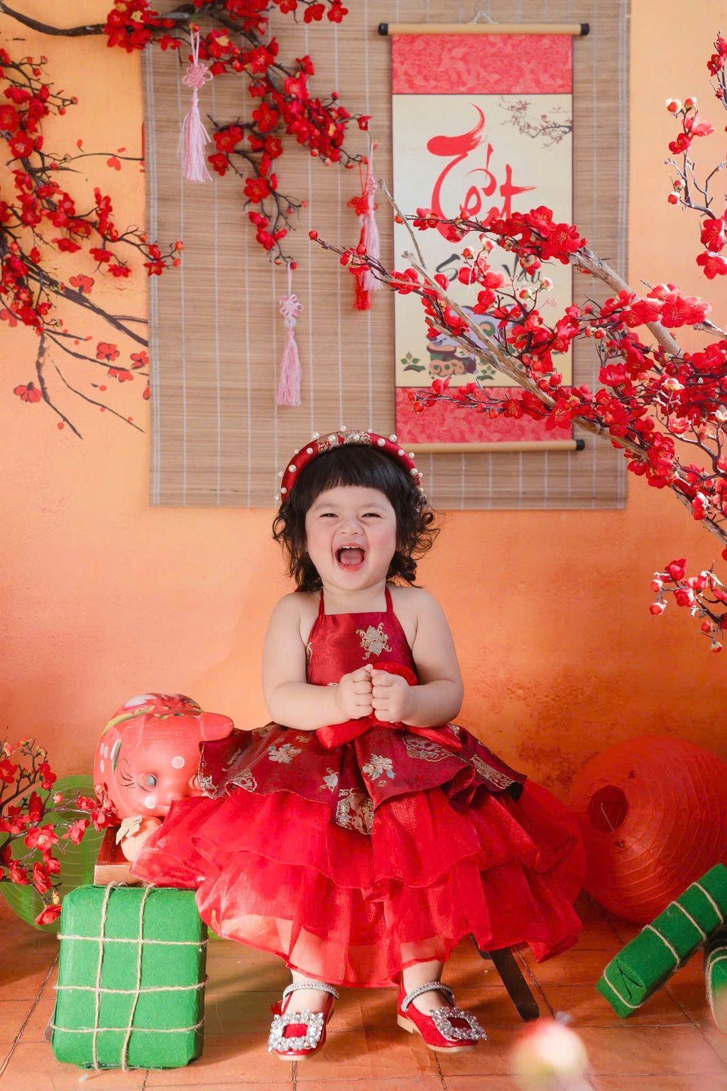 Vietnamese Yếm Halter Dress – Scarlet Radiance (1–6 Years) | Traditional Festival Dress for Girls | Matching Pearl Soft Mấn Included