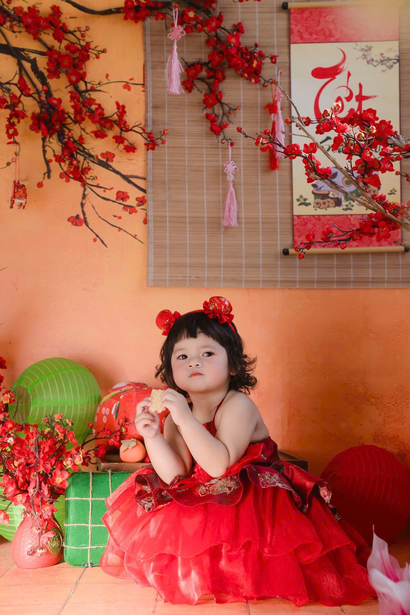 Vietnamese Yếm Halter Dress – Scarlet Radiance (1–6 Years) | Traditional Festival Dress for Girls | Matching Pearl Soft Mấn Included