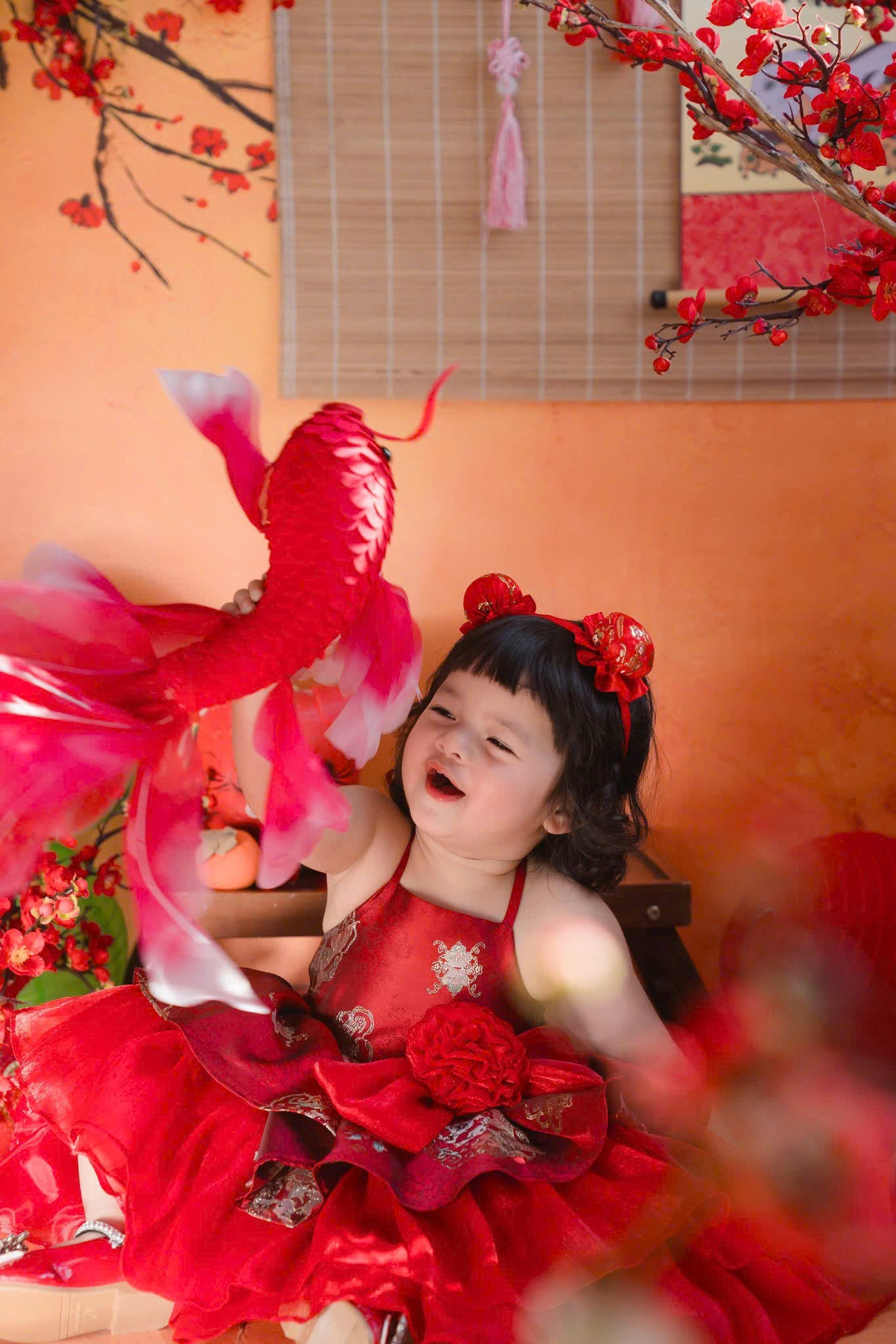 Vietnamese Yếm Halter Dress – Scarlet Radiance (1–6 Years) | Traditional Festival Dress for Girls | Matching Pearl Soft Mấn Included