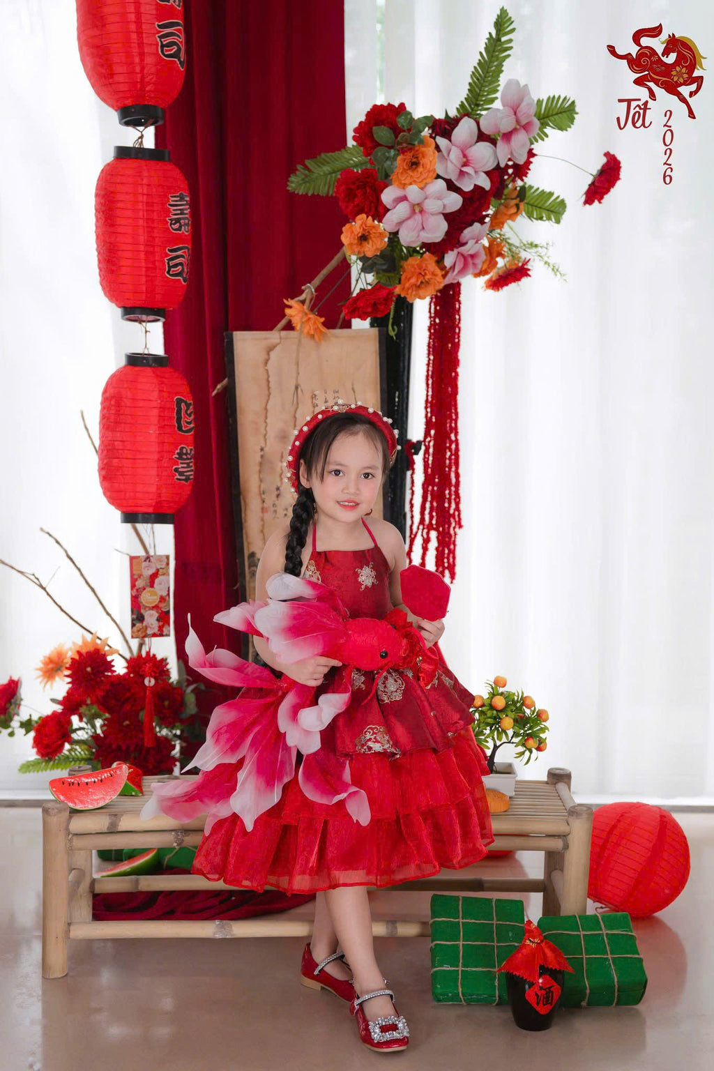 Vietnamese Yếm Halter Dress – Scarlet Radiance (1–6 Years) | Traditional Festival Dress for Girls | Matching Pearl Soft Mấn Included