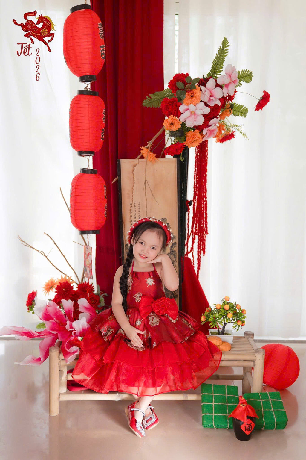 Vietnamese Yếm Halter Dress – Scarlet Radiance (1–6 Years) | Traditional Festival Dress for Girls | Matching Pearl Soft Mấn Included