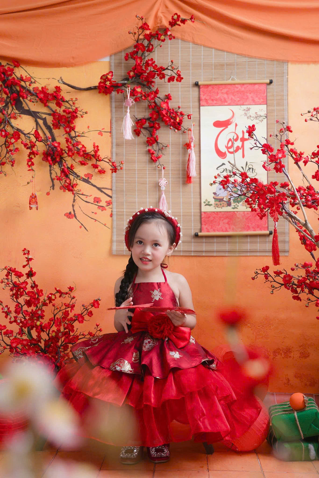 Vietnamese Yếm Halter Dress – Scarlet Radiance (1–6 Years) | Traditional Festival Dress for Girls | Matching Pearl Soft Mấn Included