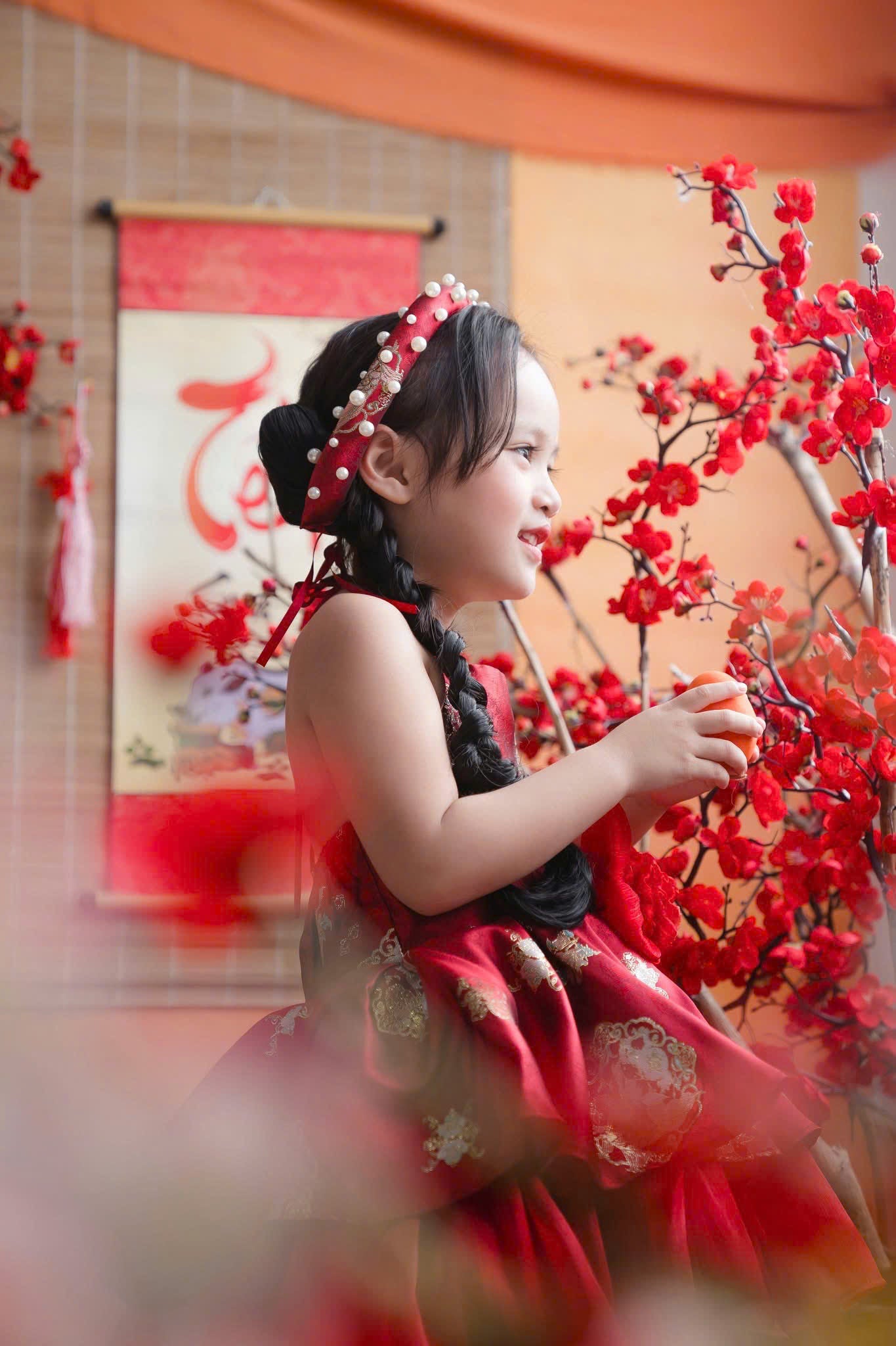 Vietnamese Yếm Halter Dress – Scarlet Radiance (1–6 Years) | Traditional Festival Dress for Girls | Matching Pearl Soft Mấn Included