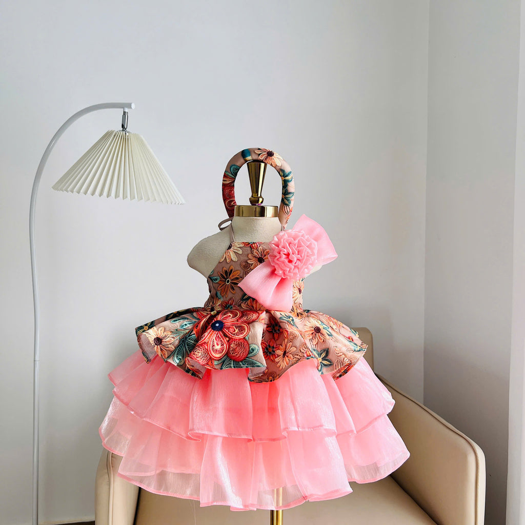 Vietnamese Yếm Halter Dress – Rosy Charm Blossom (1–6 Years) | Traditional Festival Dress for Girls | Matching Soft Mấn Included