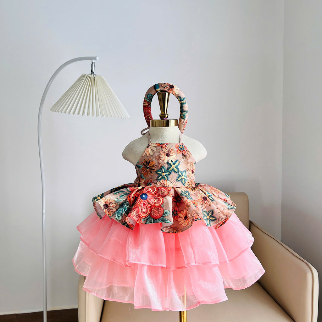 Vietnamese Yếm Halter Dress – Rosy Charm Blossom (1–6 Years) | Traditional Festival Dress for Girls | Matching Soft Mấn Included