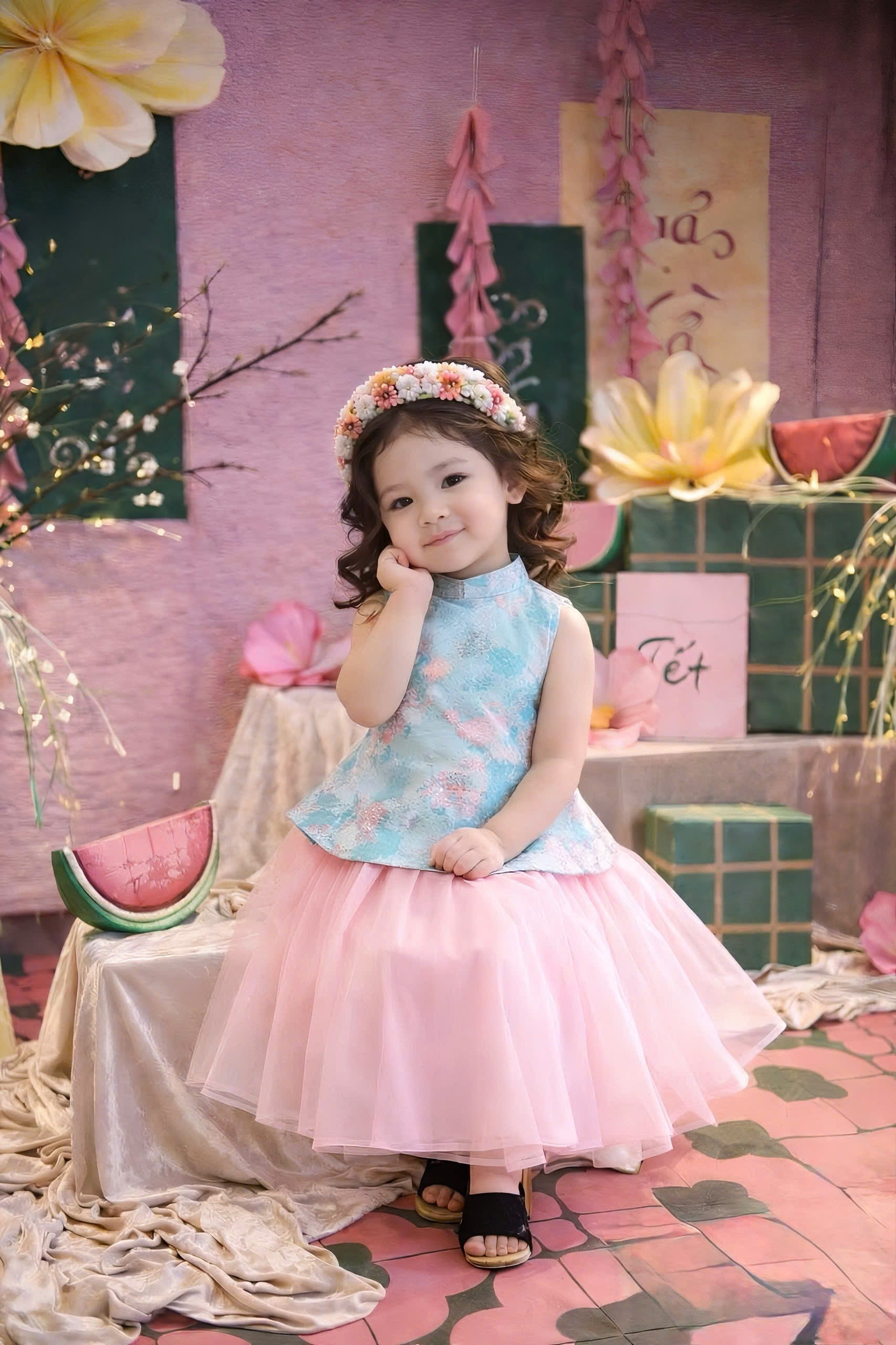 Vietnamese Yếm Halter Top & Skirt Set – Blue Blossom Elegance (1–6 Years) | Traditional Festival Outfit for Girls | Matching Floral Soft Mấn Included