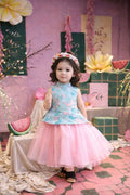 Vietnamese Yếm Halter Top & Skirt Set – Blue Blossom Elegance (1–6 Years) | Traditional Festival Outfit for Girls | Matching Floral Soft Mấn Included