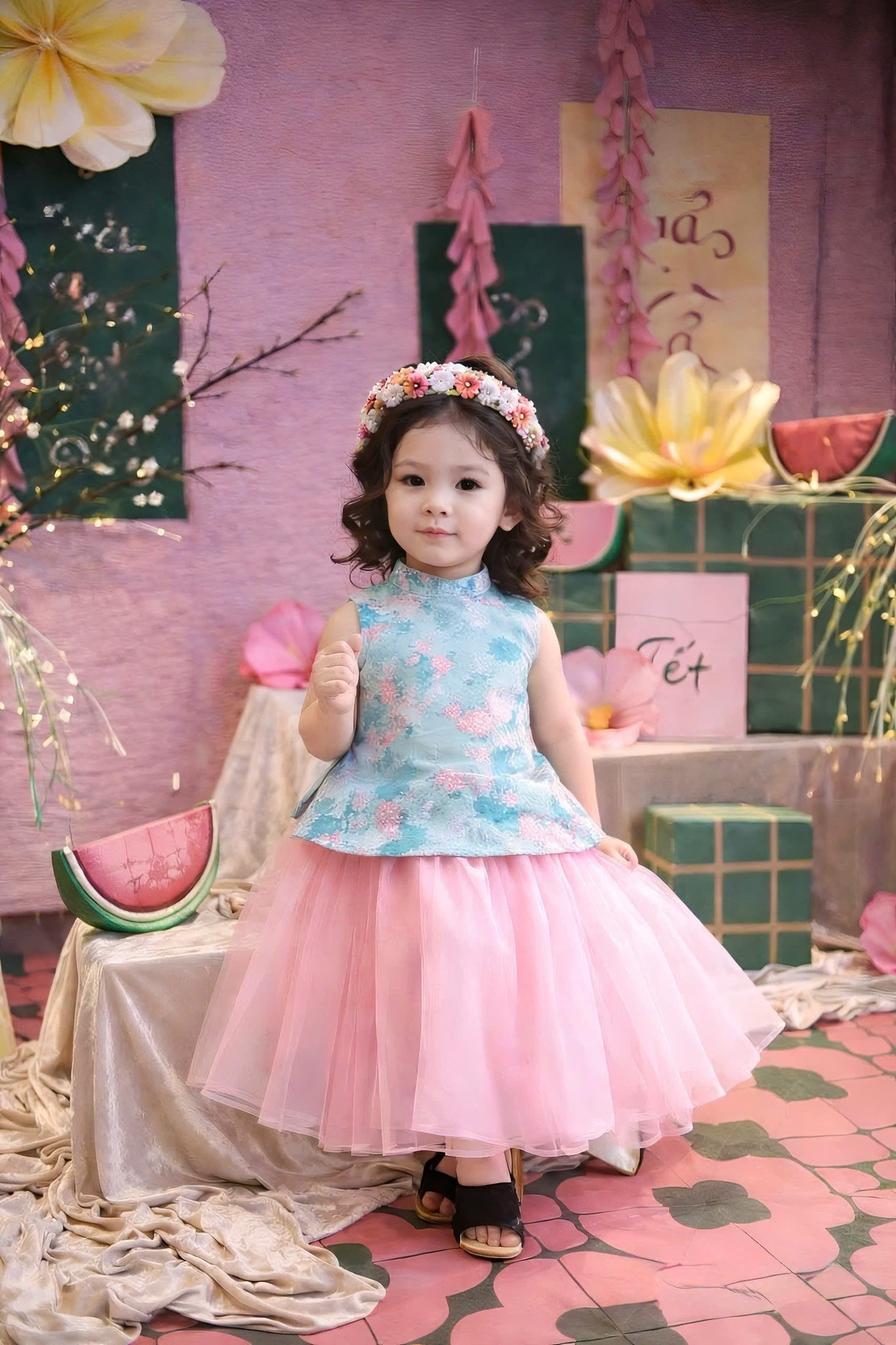 Vietnamese Yếm Halter Top & Skirt Set – Blue Blossom Elegance (1–6 Years) | Traditional Festival Outfit for Girls | Matching Floral Soft Mấn Included
