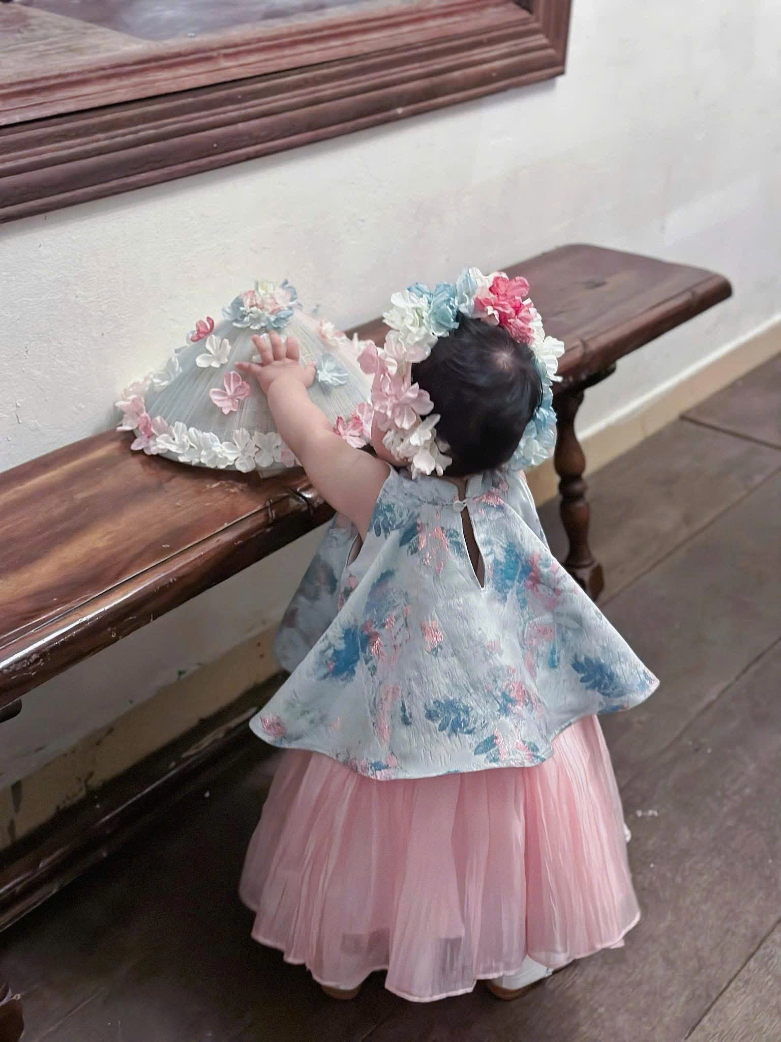 Vietnamese Yếm Halter Top & Skirt Set – Blue Blossom Elegance (1–6 Years) | Traditional Festival Outfit for Girls | Matching Floral Soft Mấn Included