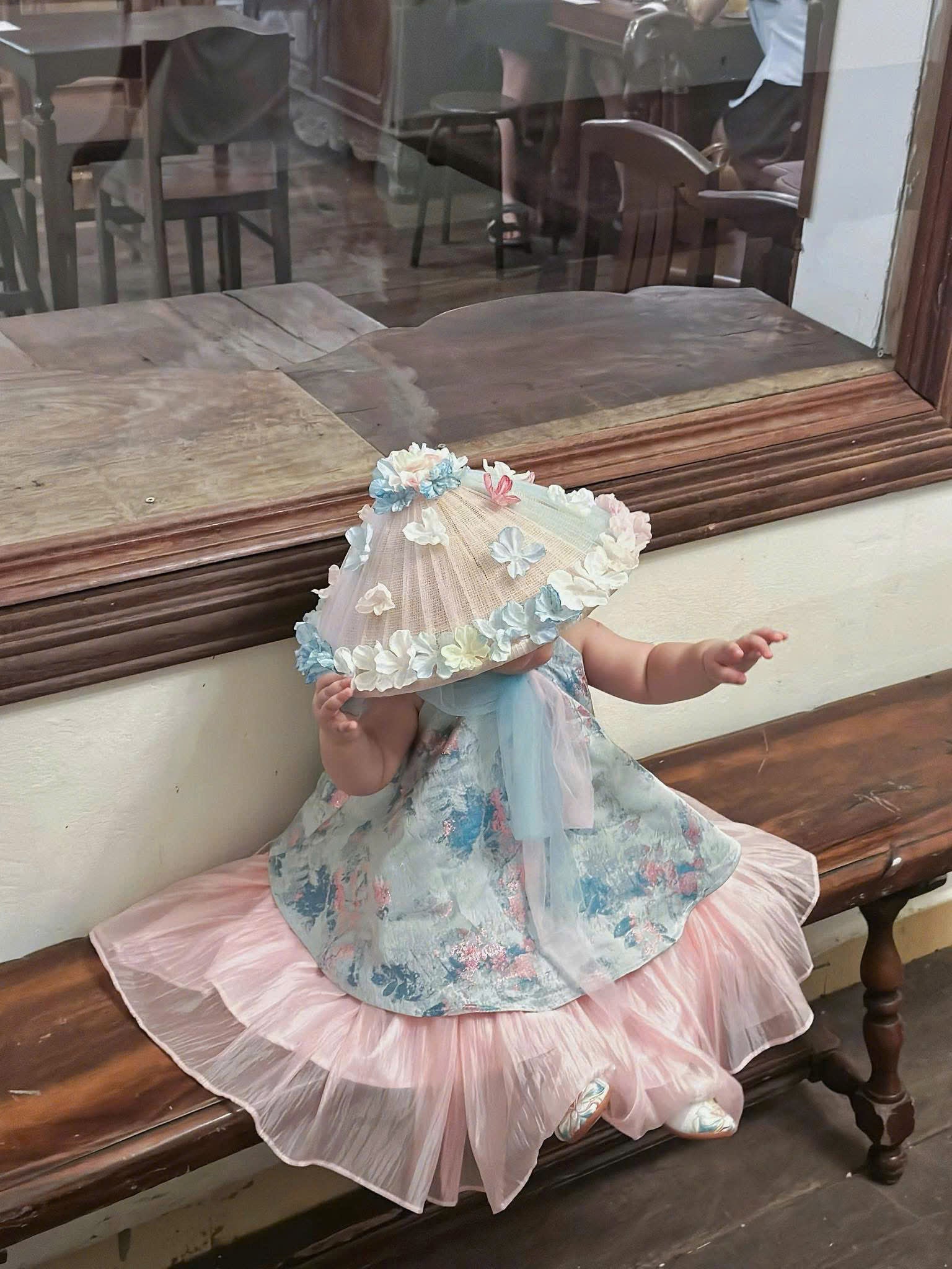 Vietnamese Yếm Halter Top & Skirt Set – Blue Blossom Elegance (1–6 Years) | Traditional Festival Outfit for Girls | Matching Floral Soft Mấn Included