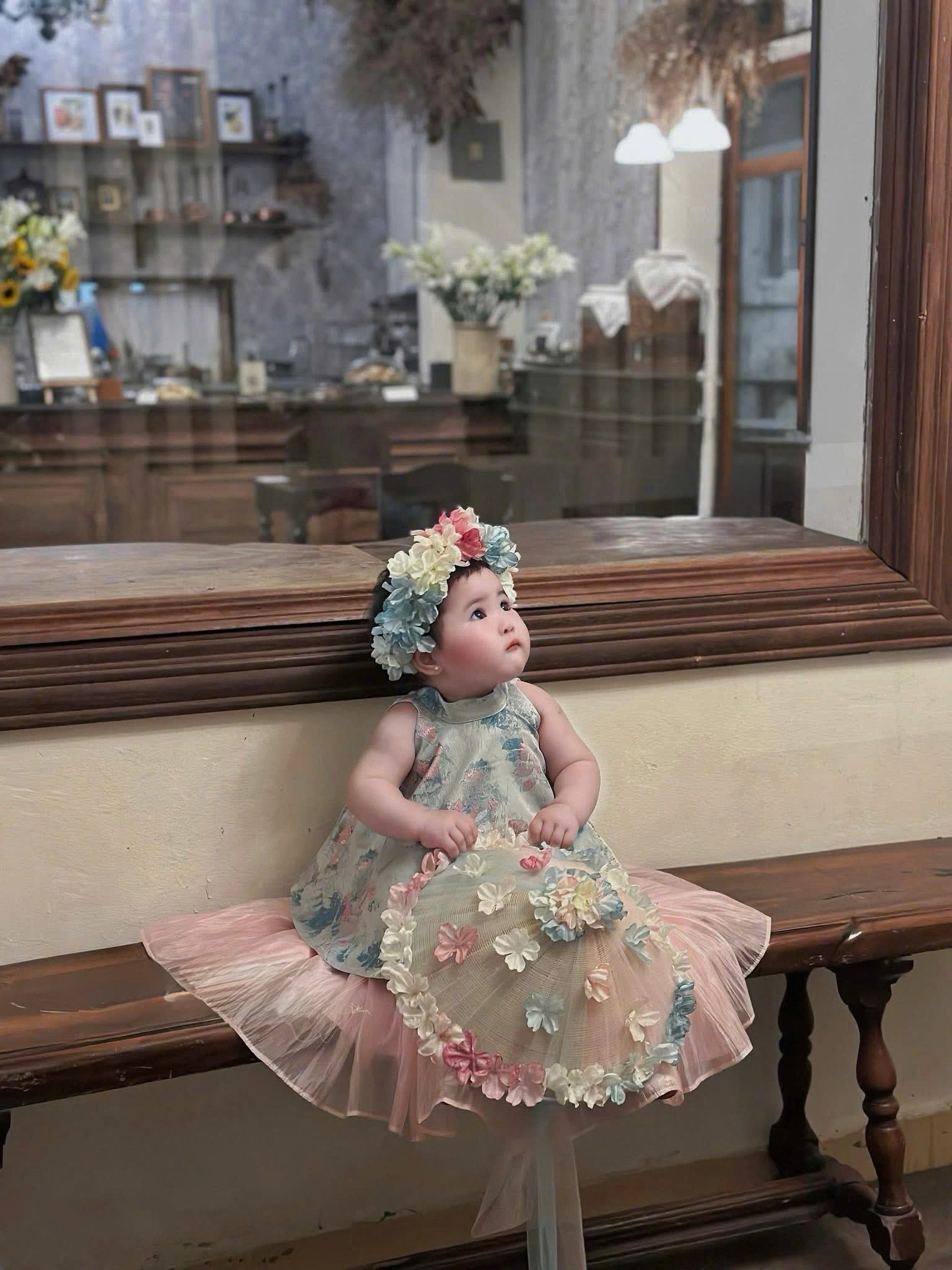 Vietnamese Yếm Halter Top & Skirt Set – Blue Blossom Elegance (1–6 Years) | Traditional Festival Outfit for Girls | Matching Floral Soft Mấn Included