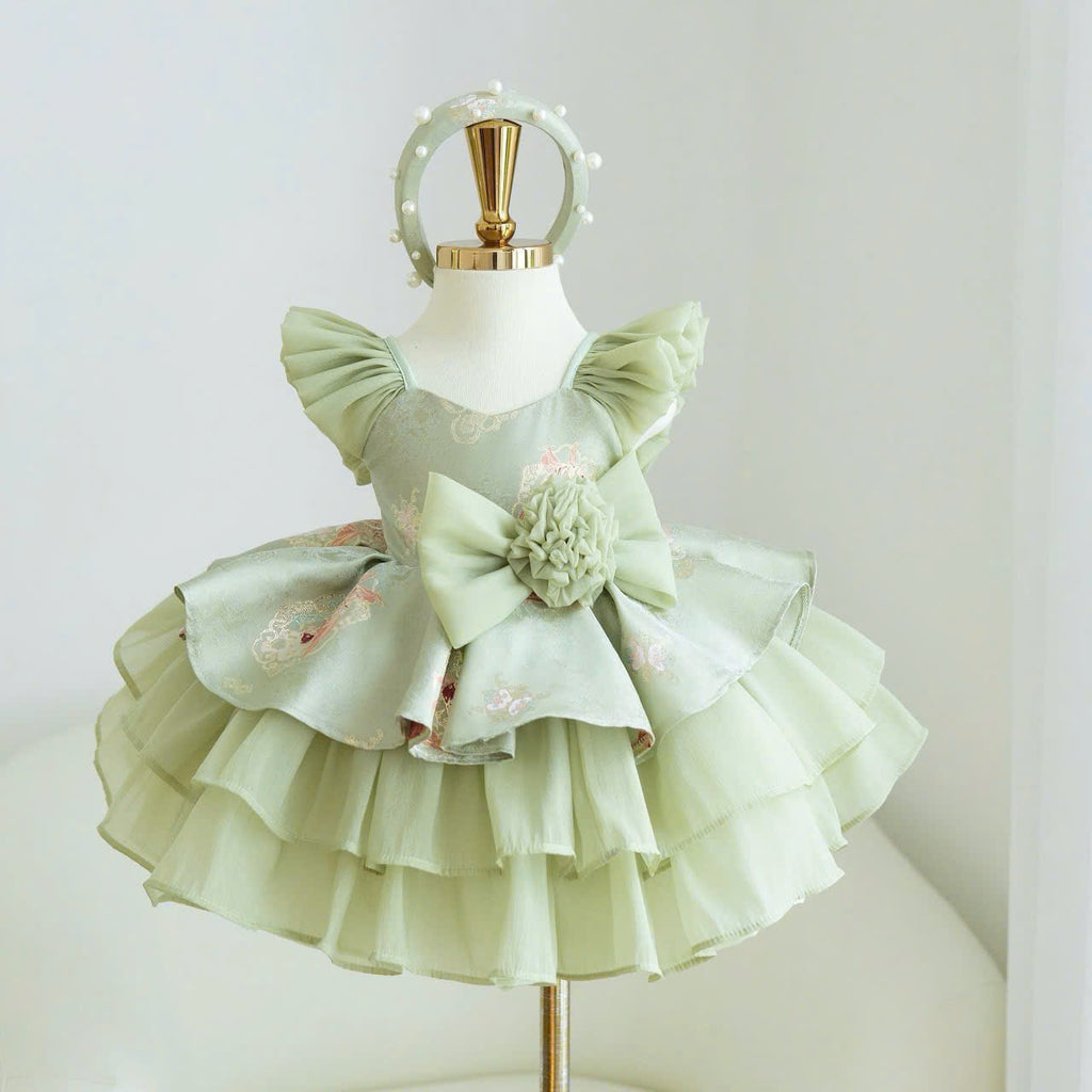 Vietnamese Cách Tân Dress – Green Bow Layer (1–6 Years) | Traditional Festival Dress for Girls | Matching Headband included