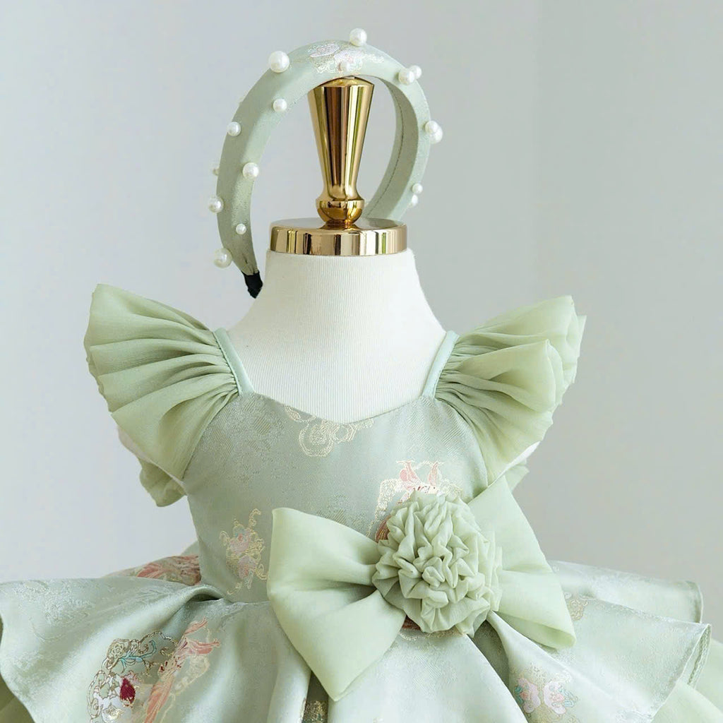 Vietnamese Cách Tân Dress – Green Bow Layer (1–6 Years) | Traditional Festival Dress for Girls | Matching Headband included
