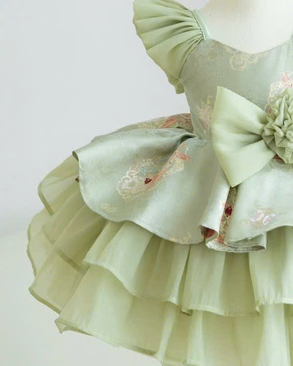 Vietnamese Cách Tân Dress – Green Bow Layer (1–6 Years) | Traditional Festival Dress for Girls | Matching Headband included