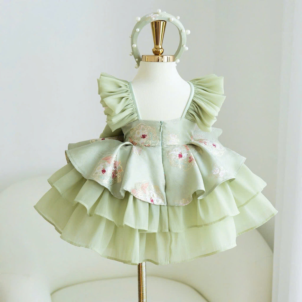 Vietnamese Cách Tân Dress – Green Bow Layer (1–6 Years) | Traditional Festival Dress for Girls | Matching Headband included