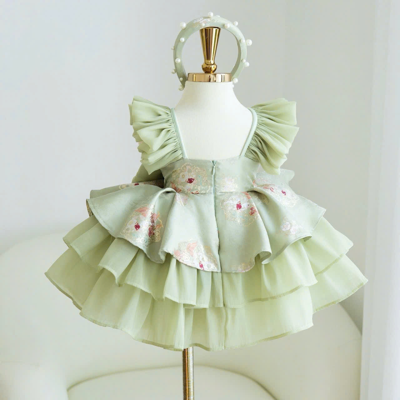 Vietnamese Cách Tân Dress – Green Bow Layer (1–6 Years) | Traditional Festival Dress for Girls | Matching Headband included