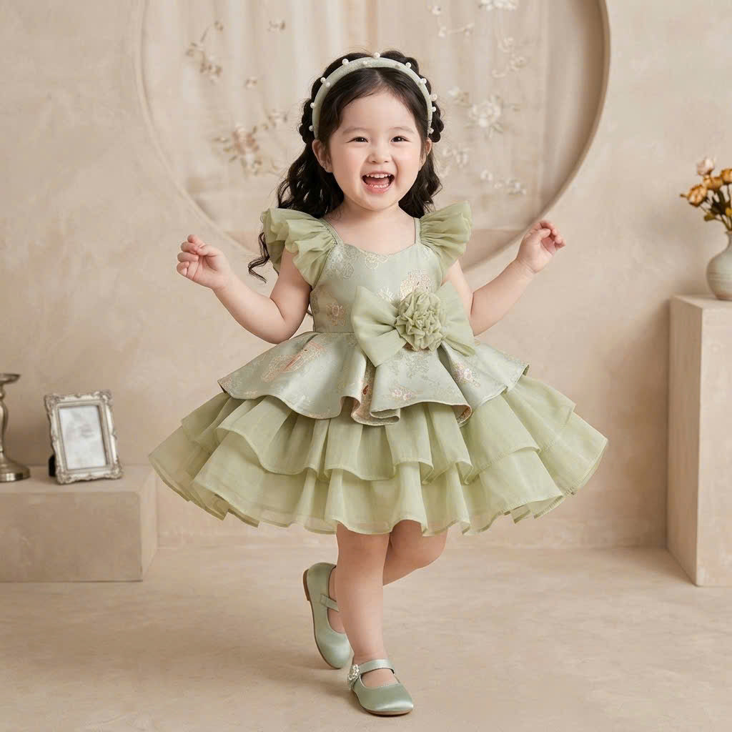Vietnamese Cách Tân Dress – Green Bow Layer (1–6 Years) | Traditional Festival Dress for Girls | Matching Headband included