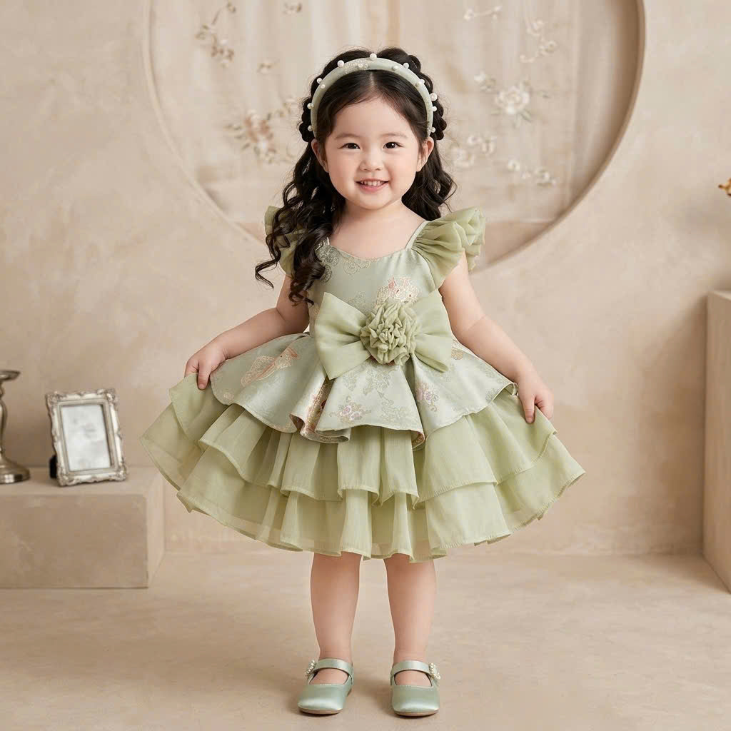 Vietnamese Cách Tân Dress – Green Bow Layer (1–6 Years) | Traditional Festival Dress for Girls | Matching Headband included