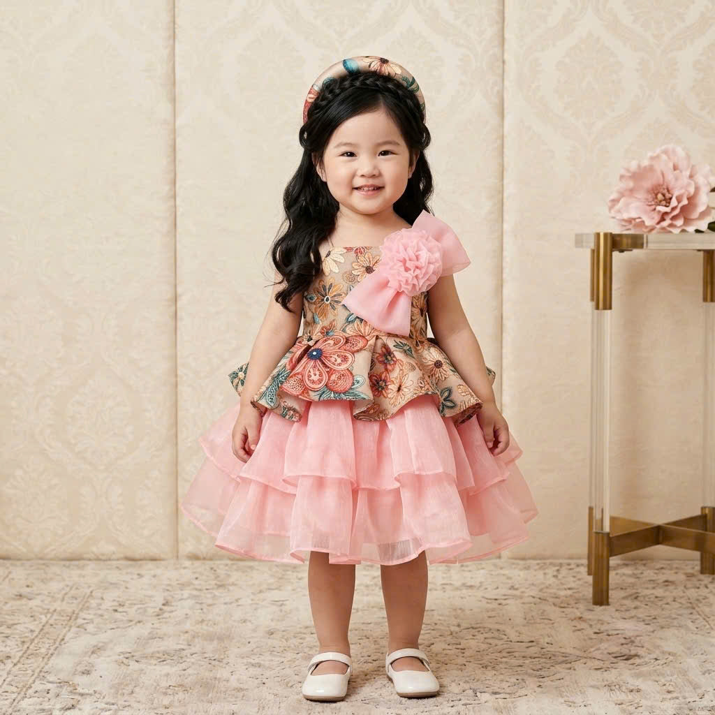 Vietnamese Yếm Halter Dress – Rosy Charm Blossom (1–6 Years) | Traditional Festival Dress for Girls | Matching Soft Mấn Included