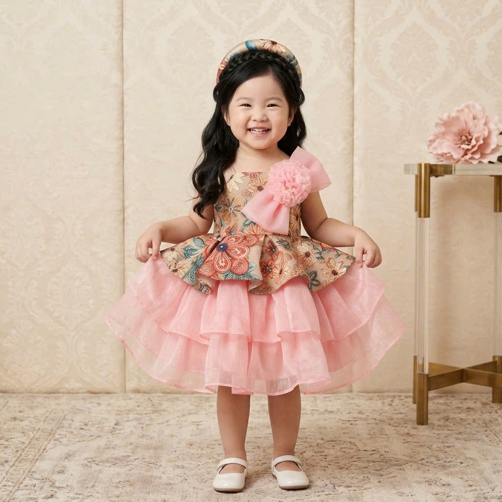 Vietnamese Yếm Halter Dress – Rosy Charm Blossom (1–6 Years) | Traditional Festival Dress for Girls | Matching Soft Mấn Included