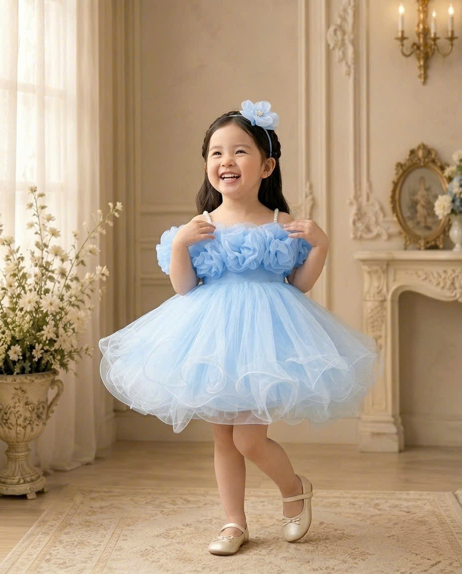 Blooming Petals Princess Dress 1–6 Years | 3D Floral Flower Girl Dress | First Birthday, Wedding & Special Occasion Dress