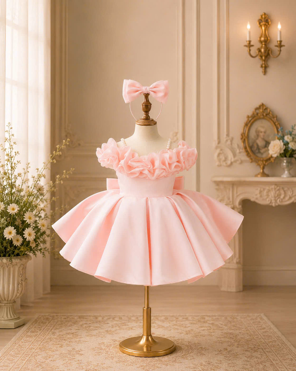Rosalie Bloom Off-Shoulder Princess Dress 1–6 Years | Pearl Strap Flower Girl Dress | First Birthday, Wedding & Party Dress