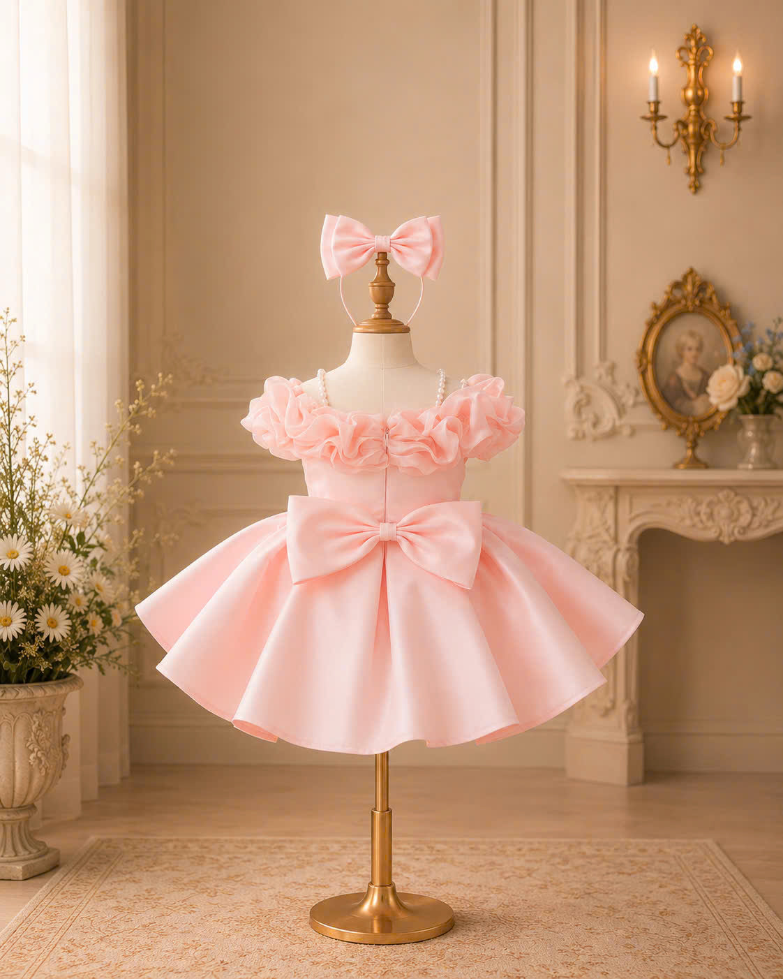 Rosalie Bloom Off-Shoulder Princess Dress 1–6 Years | Pearl Strap Flower Girl Dress | First Birthday, Wedding & Party Dress