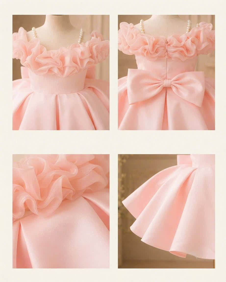 Rosalie Bloom Off-Shoulder Princess Dress 1–6 Years | Pearl Strap Flower Girl Dress | First Birthday, Wedding & Party Dress
