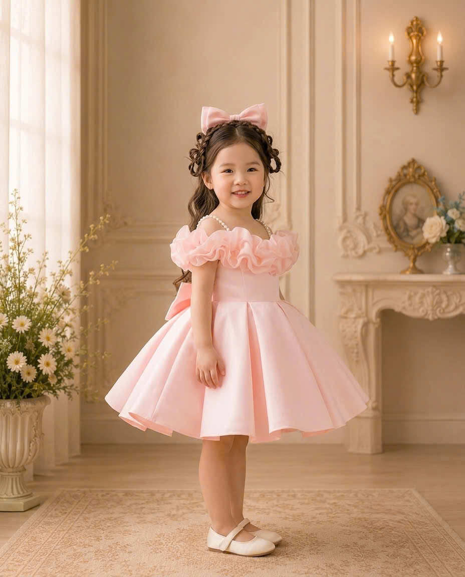 Rosalie Bloom Off-Shoulder Princess Dress 1–6 Years | Pearl Strap Flower Girl Dress | First Birthday, Wedding & Party Dress
