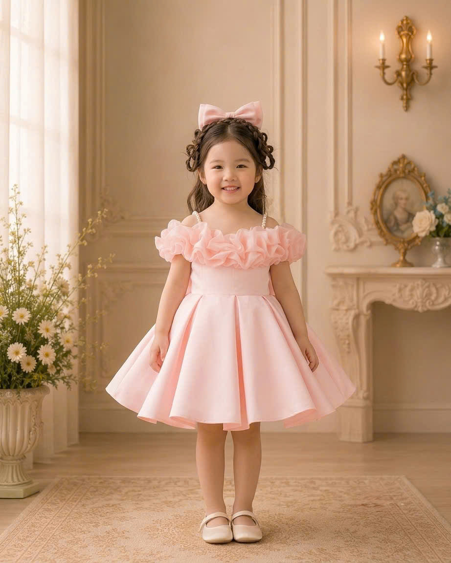 Rosalie Bloom Off-Shoulder Princess Dress 1–6 Years | Pearl Strap Flower Girl Dress | First Birthday, Wedding & Party Dress