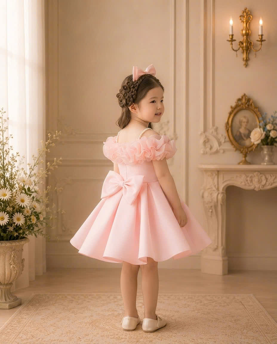Rosalie Bloom Off-Shoulder Princess Dress 1–6 Years | Pearl Strap Flower Girl Dress | First Birthday, Wedding & Party Dress