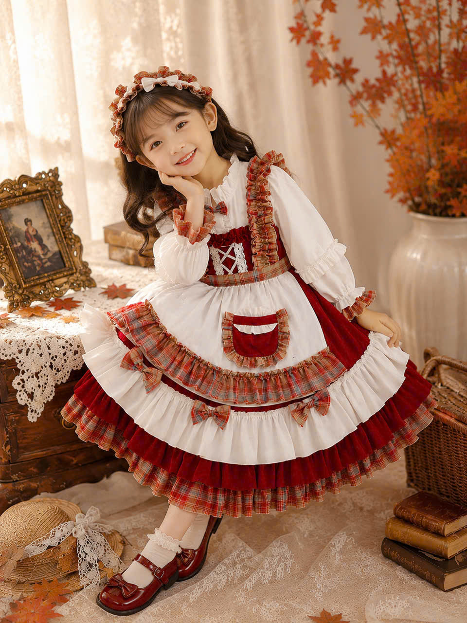 Winter Pumpkin Patch Prairie Dress 1–6 Years | Vintage Long Sleeve Cottagecore Girl Dress with Matching Hair Accessory