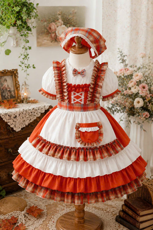 Autumn Pumpkin Patch Prairie Dress 1–6 Years | Vintage Short Sleeve Cottagecore Girl Dress with Matching Hair Accessory | Thanksgiving & Harvest Outfit