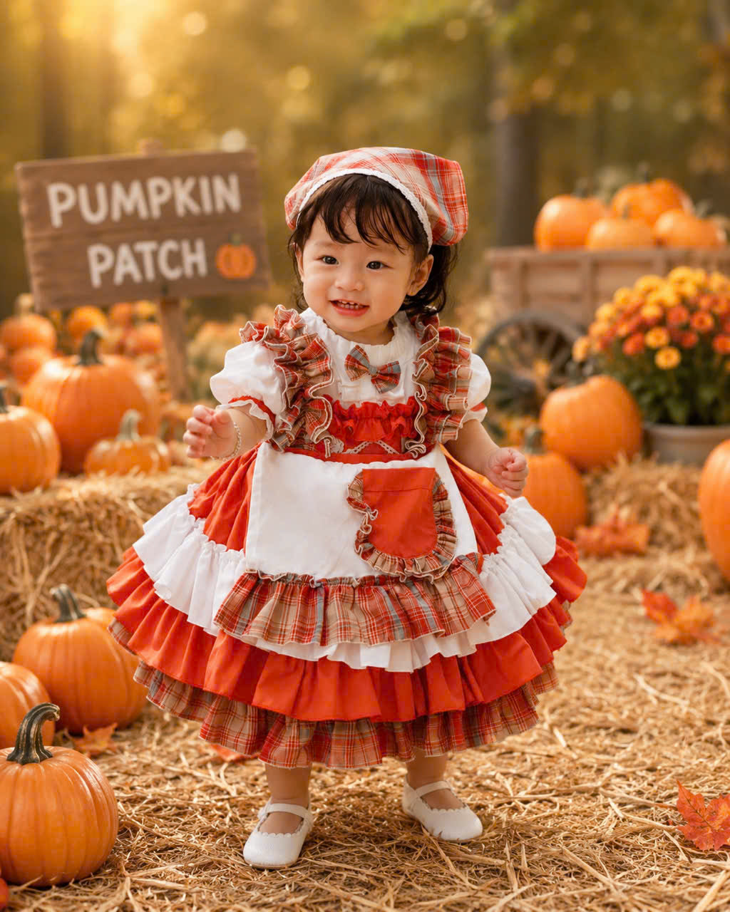 Autumn Pumpkin Patch Prairie Dress 1–6 Years | Vintage Short Sleeve Cottagecore Girl Dress with Matching Hair Accessory | Thanksgiving & Harvest Outfit