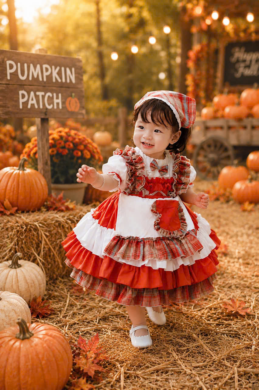 Autumn Pumpkin Patch Prairie Dress 1–6 Years | Vintage Short Sleeve Cottagecore Girl Dress with Matching Hair Accessory | Thanksgiving & Harvest Outfit