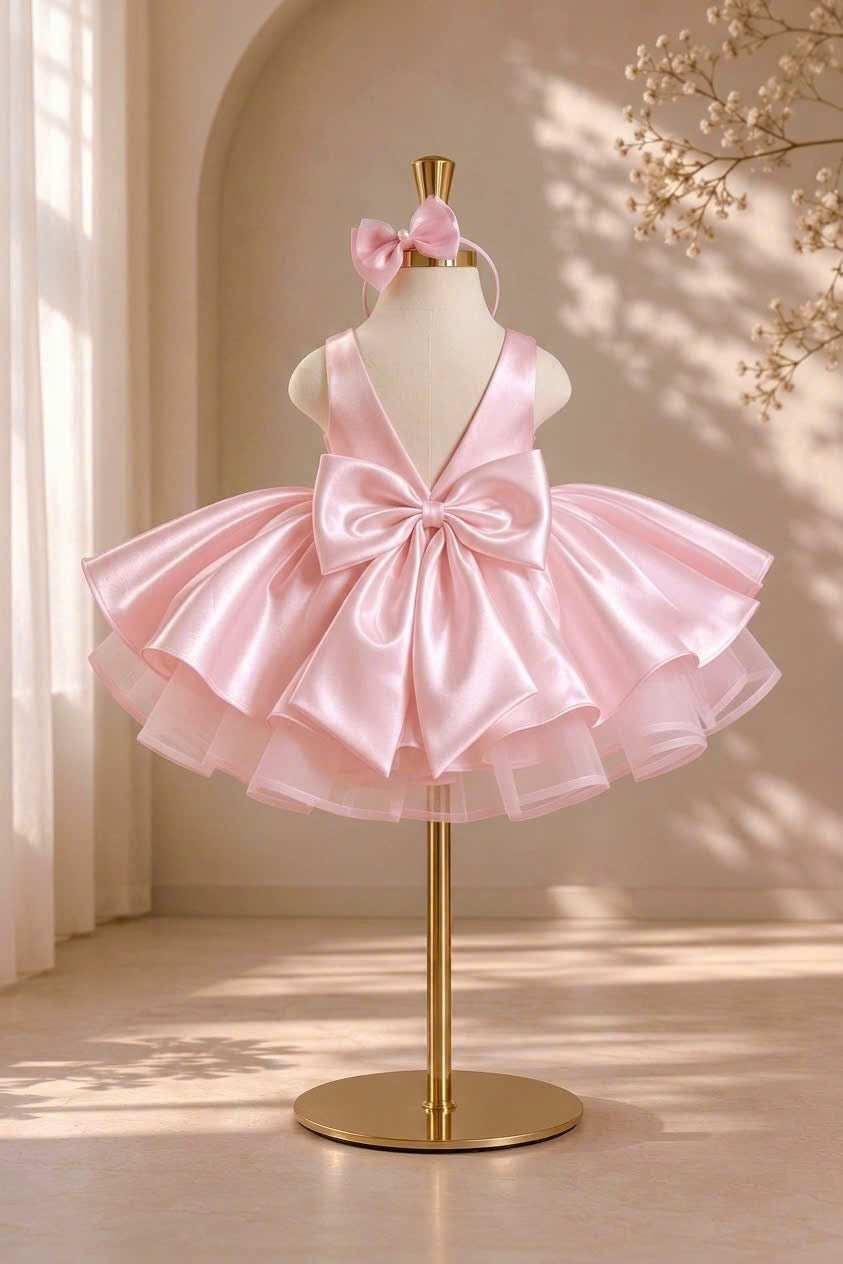 Celeste Bow Party Dress 1–6 Years | Satin Flower Girl Dress with Oversized Back Bow | Girls Birthday, Wedding & Princess Dress